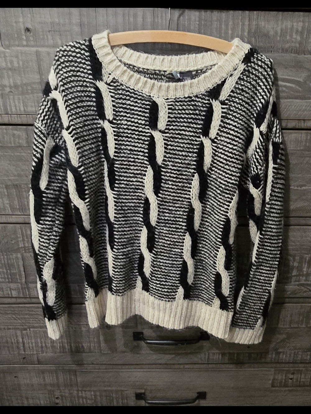 Sparkle & Fade Urban Outfitters Black and Cream Cable-Detail Crewneck Sweater